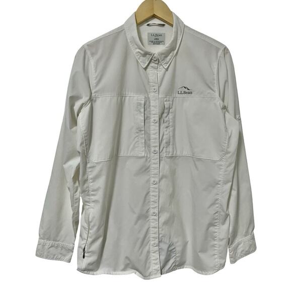 LL Bean Womens Tropicwear Button Down Long Sleeve Shirt Size L White UPF 50+ - Picture 1 of 10
